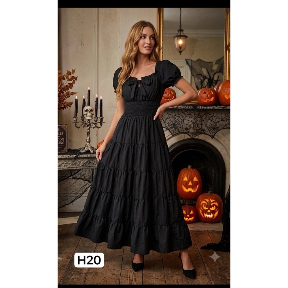 Black Tiered Maxi Dress‎ Smocked Gothic Peasant Puff Sleeve Whimsigoth Sz S